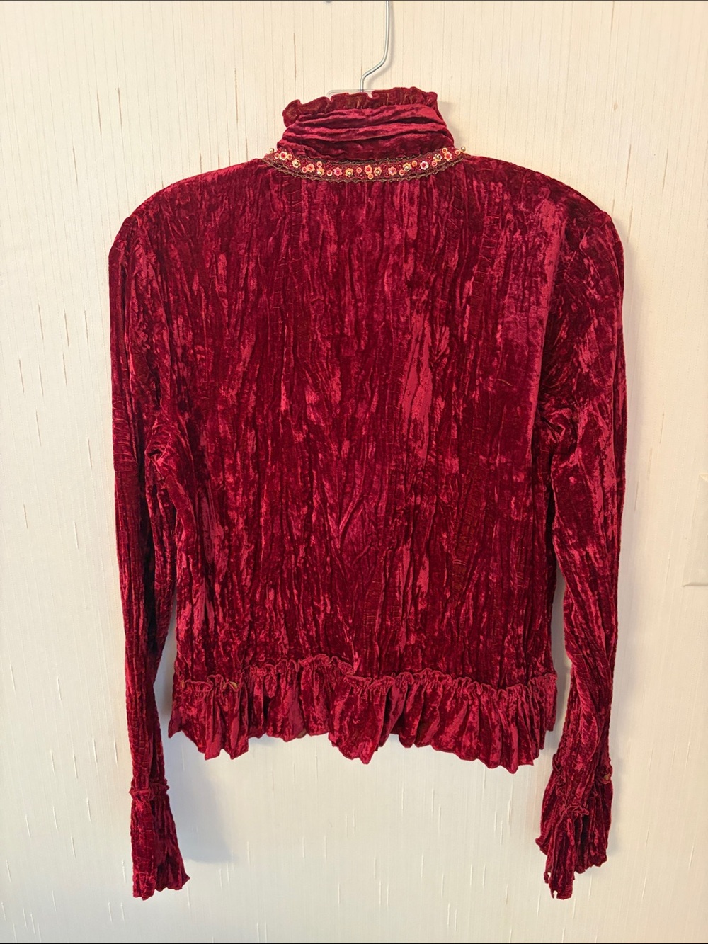 Alberto Makali Red Crushed Velvet Ruffled Blouse with Sequin Trim - Picture 7 of 8